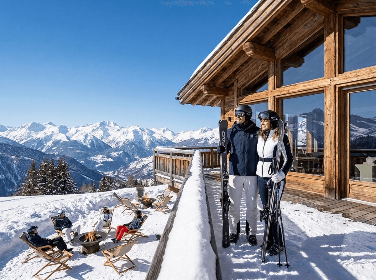 Couple with skis on a chalet terrace overlooking the Courchevel valley